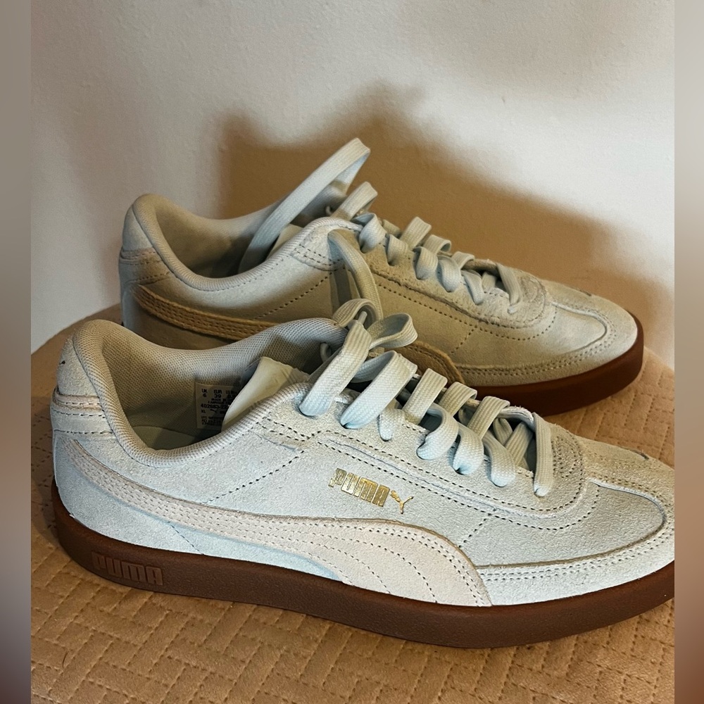 Puma Women’s Suede Lace-Up Sneakers in Light Blue with Gum Sole